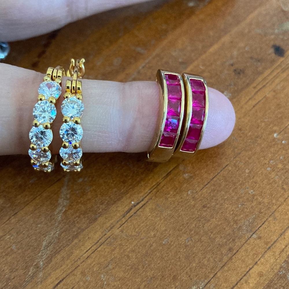 2 Gold and Pink Crystal Hoop Earrings